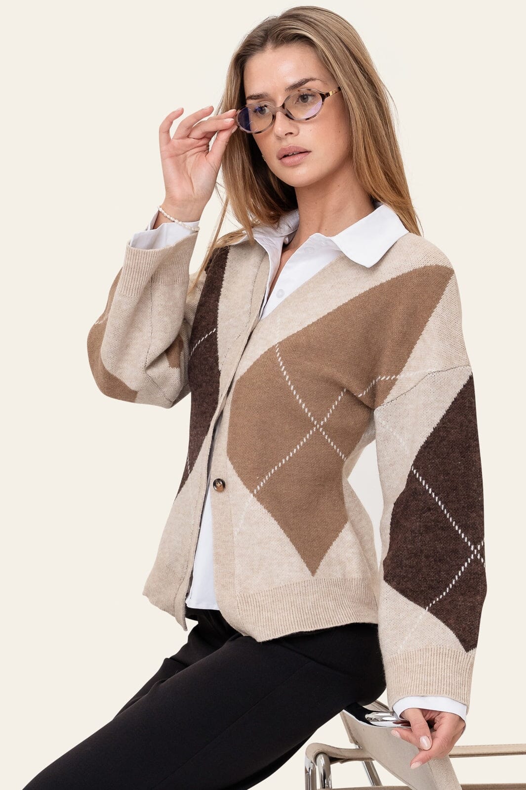 BYIC - Karmaic Fitted Cardigan H081 - Beige Argyle