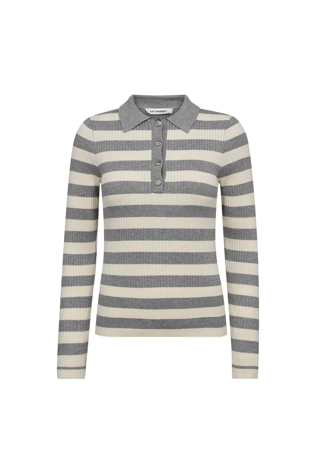 Co´Couture - Bonnycc Stripe L/S Polo Knit 42009 - 138 - Light Grey