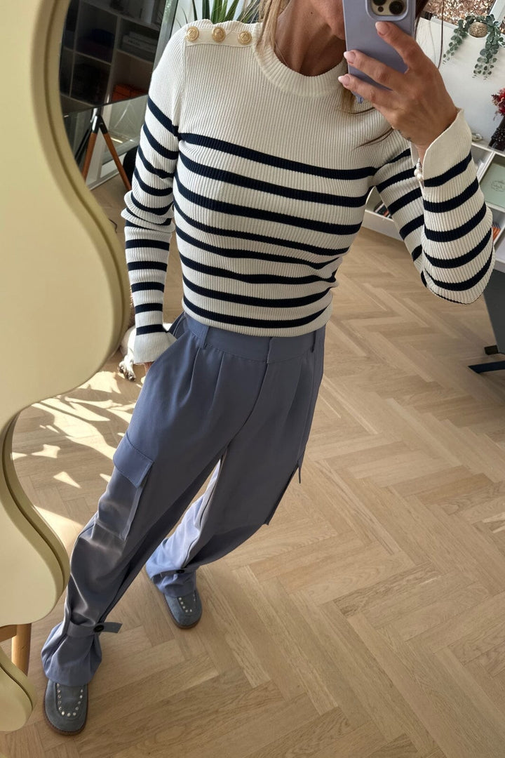 Valentin Studio - Gold Button Knit Blouse - Navy Stripe