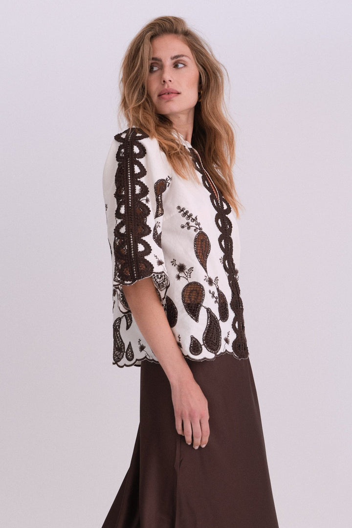 Gossia - Miraago Blouse G2843 - Creme - Brown Bluser 