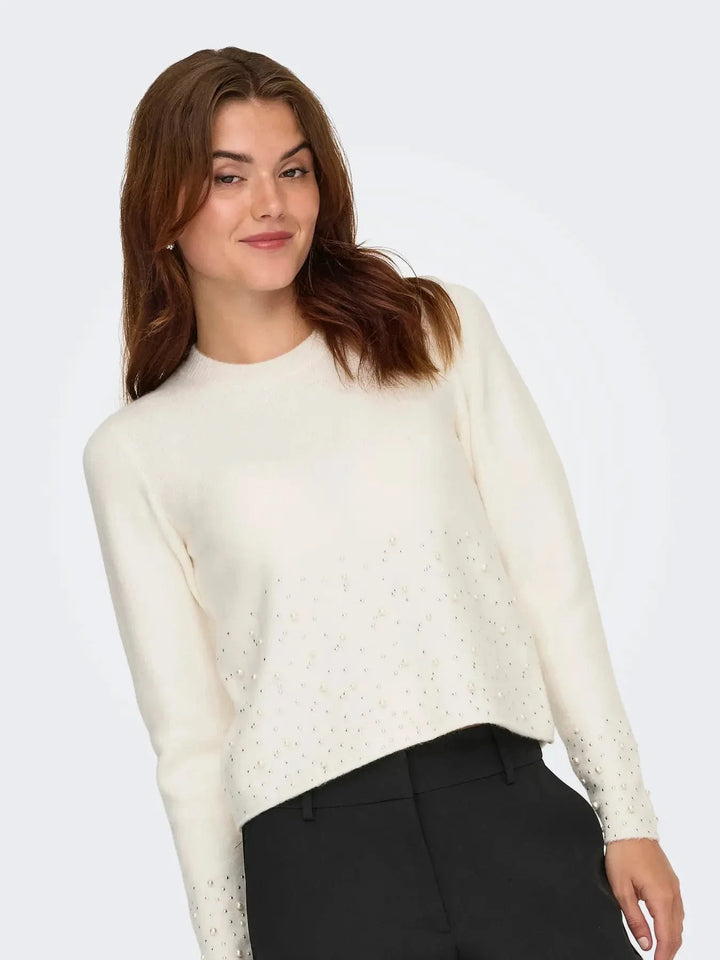 JDY - Jdypearl L/S O-Neck Pearl Pullover Knt - 4867973 White Melange W. White Pearls Strikbluser 