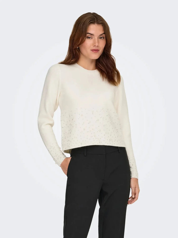 JDY - Jdypearl L/S O-Neck Pearl Pullover Knt - 4867973 White Melange W. White Pearls Strikbluser 