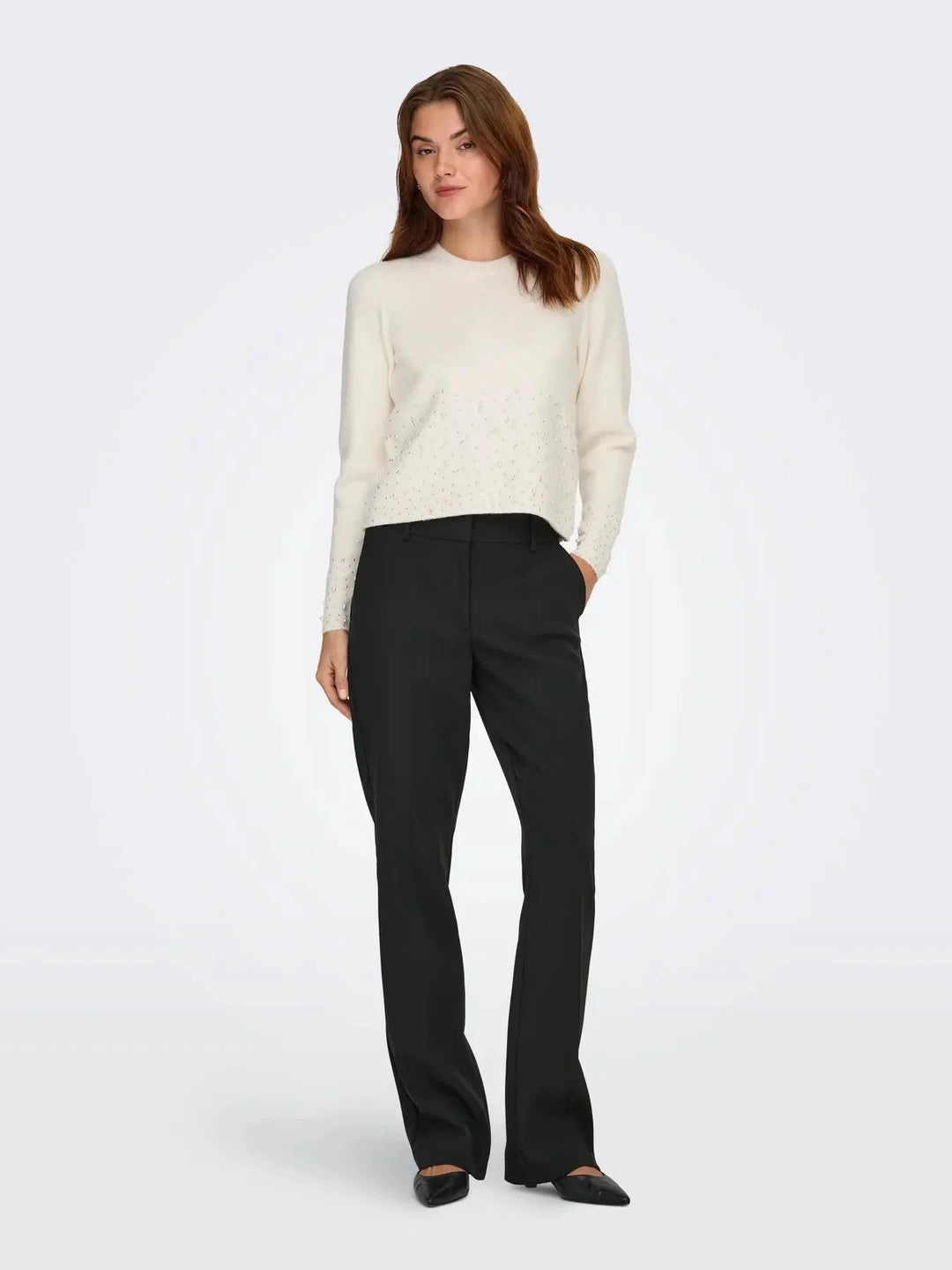 JDY - Jdypearl L/S O-Neck Pearl Pullover Knt - 4867973 White Melange W. White Pearls Strikbluser 