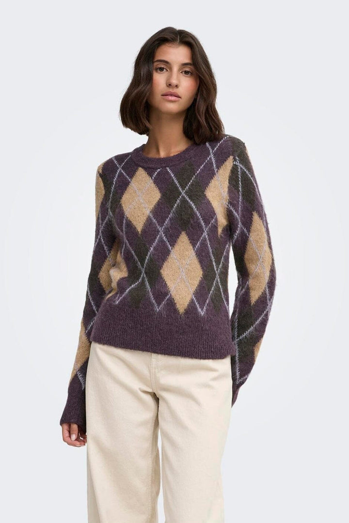 JDY - Jdyreese L/S O-Neck Argyle Pullover Knt - 5140650 Plum Perfect W. Chocolate Torte/Toasted Coconut/Lavender Gray Argyle