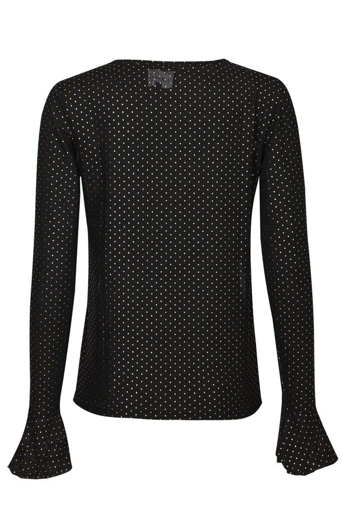 Liberte - Mesh Ls Frill Sleeve Top 22500 - Black Gold Foil Dot Toppe 