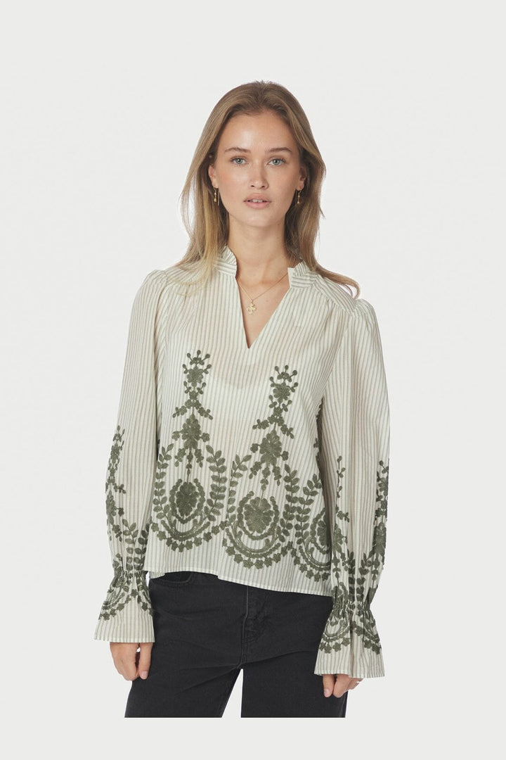 Neo Noir - Amara Stripe Emb Blouse 163363 - 723 - Dusty Green
