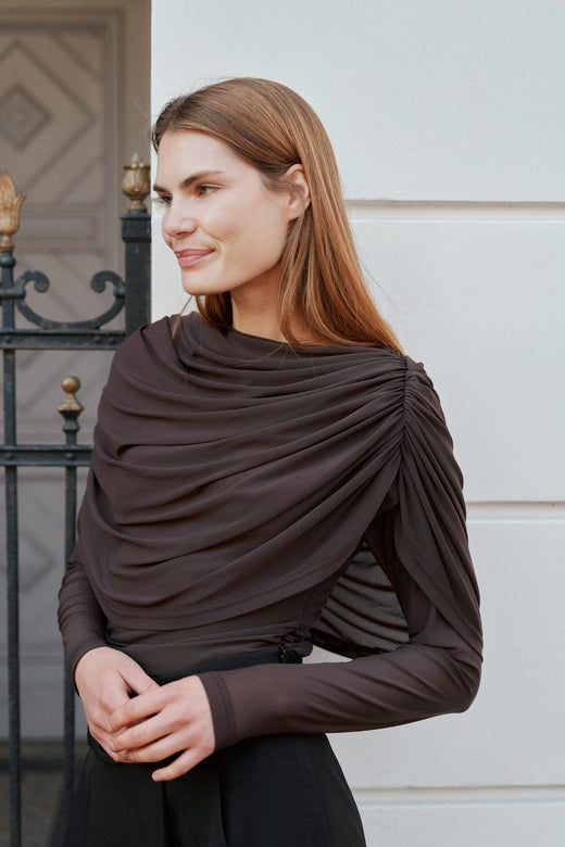 Neo Noir - Lottuna Drapy Mesh Blouse 168042 - 676 - Dark Brown Bluser 