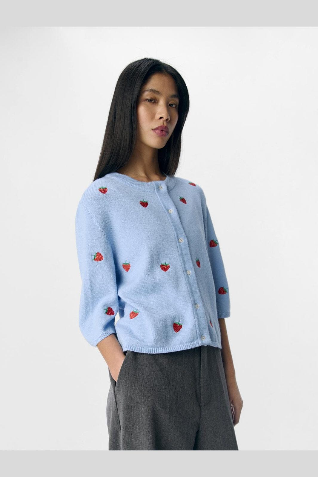 Object - Objthess 3/4 Sleeve Cardigan - 4621041 Serenity Strawberry Embroidery