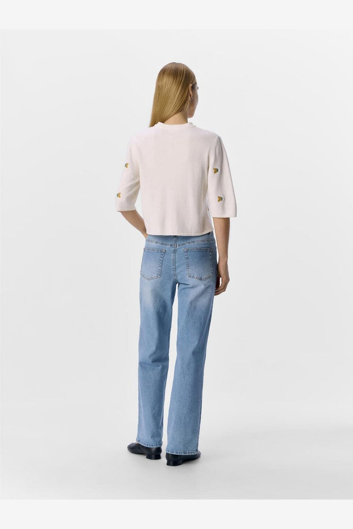 Object - Objthess 3/4 Sleeve Cardigan - 4782493 Cloud Dancer Lemon Embroidery