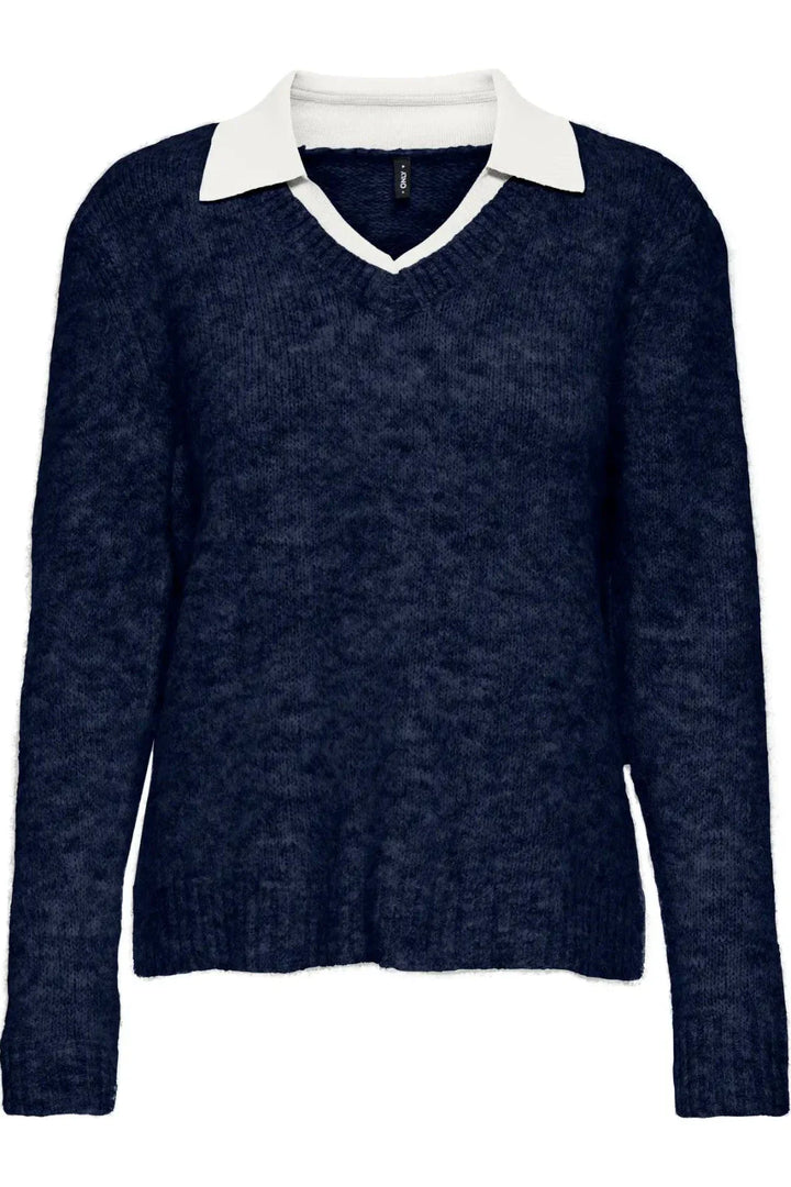 Only - Onlazu Ls Polo Neck Knt - 4959032 Navy Blazer Melange/Cloud Dancer Strikbluser 