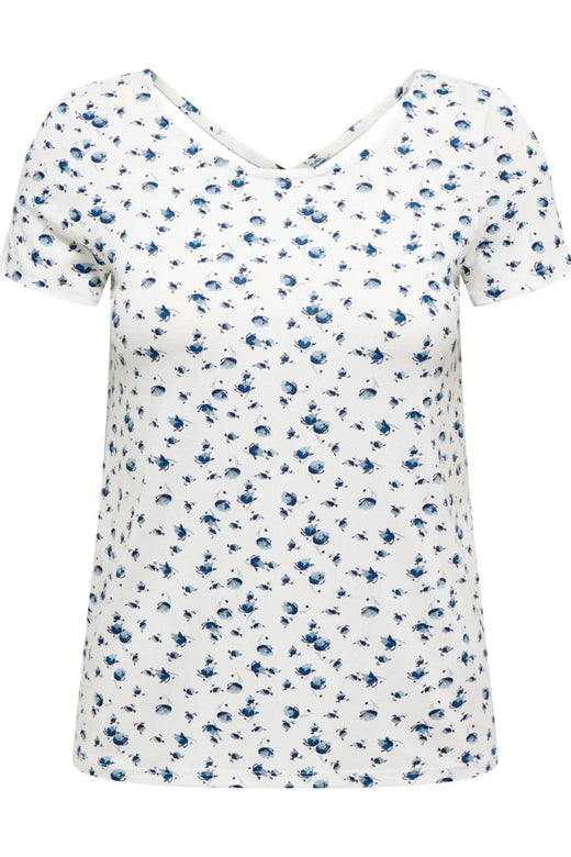 Only - Onlbera Back Lace Up S/S Top - 4967491 Cloud Dancer Tania Blue Flower T-shirts 