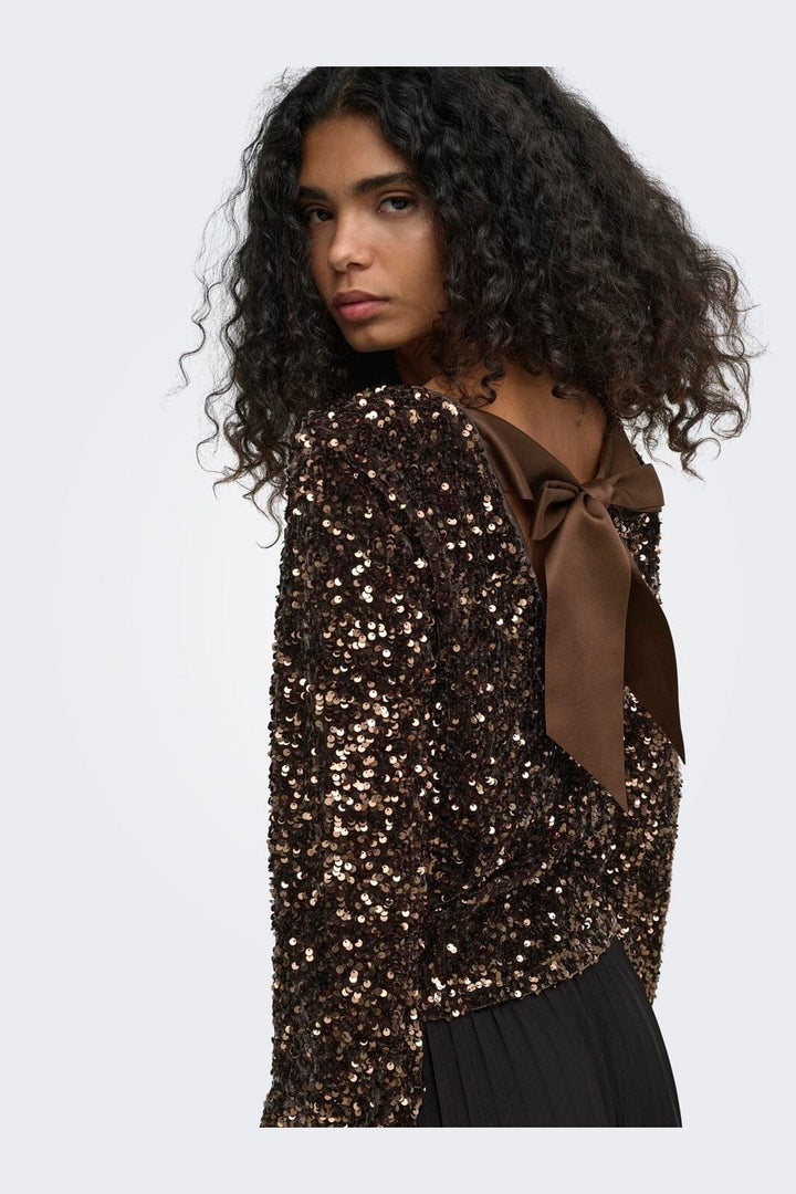 Only - Onlconfidence L/S Sequin Bow Top - 5128065 Chocolate Torte Dtm Sequin + Dtm Bow