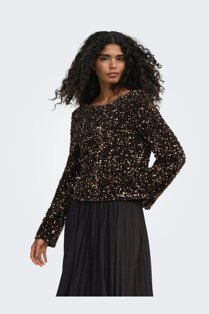 Only - Onlconfidence L/S Sequin Bow Top - 5128065 Chocolate Torte Dtm Sequin + Dtm Bow