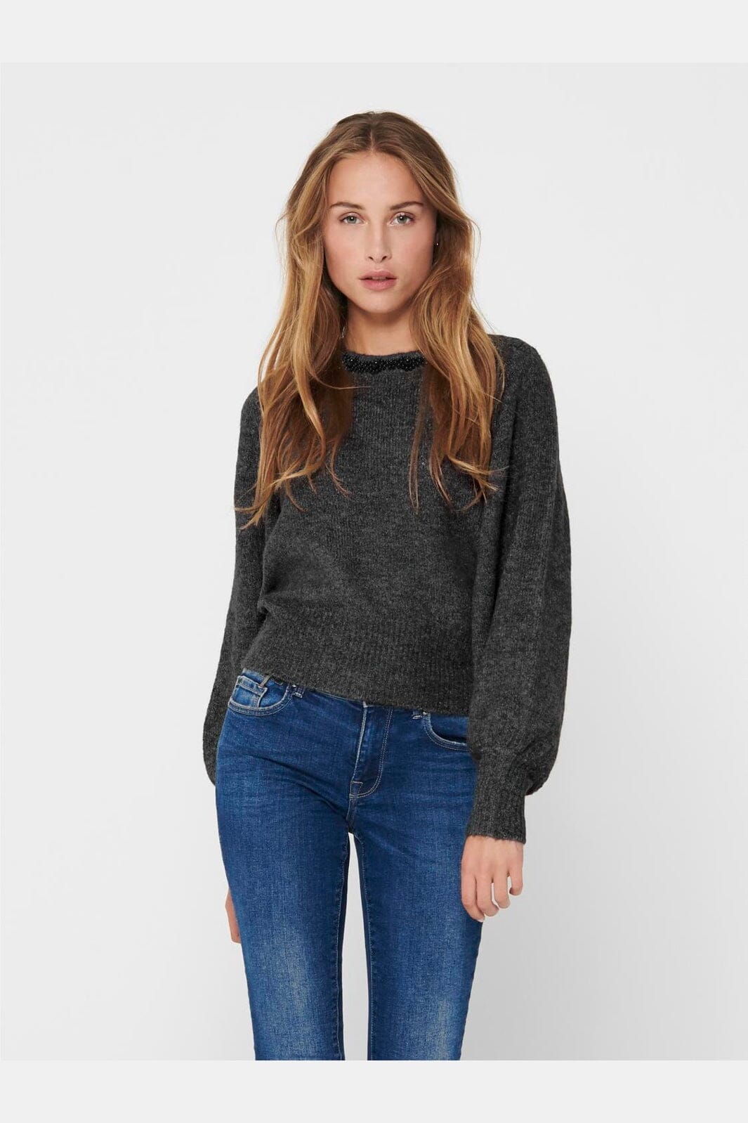 Only - Onlelsa L/S Pullover Knt - 4799904 Medium Grey Melange W. Black Pearls