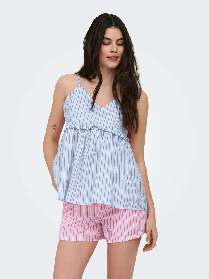Only - Onlloris Strap Flowy Top - 5045018 Chambray Blue W. Bright White + Black Toppe 