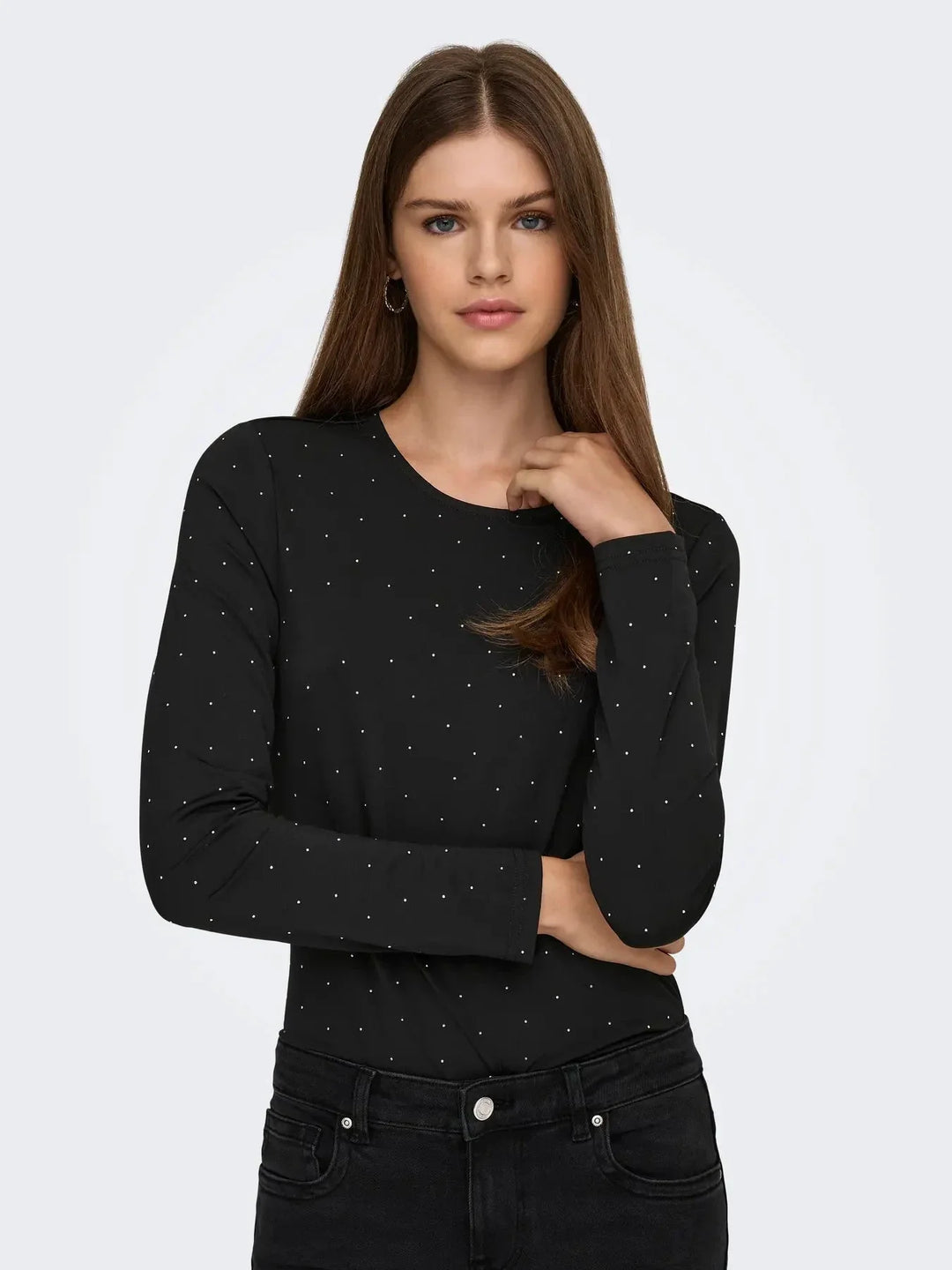 Only - Onlzita L/S O-Neck Top Bf - 4869236 Black Silver Rhinestones Bluser 