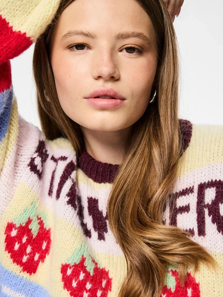 Pieces - Pcbikka Ls O-Neck Knit - 4949295 French Vanilla Multicolor Statements Strikbluser 