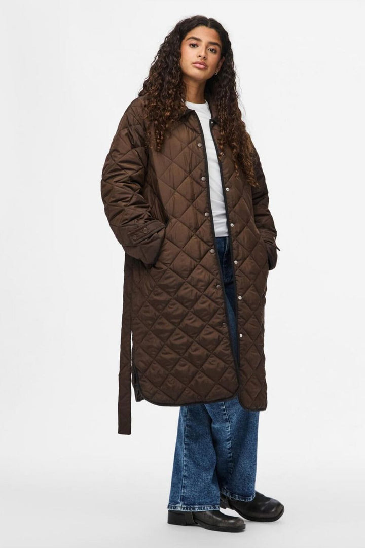 Pieces - Pcemily Long Quilted Jacket - 4816860 Hot Fudge Black Bindings
