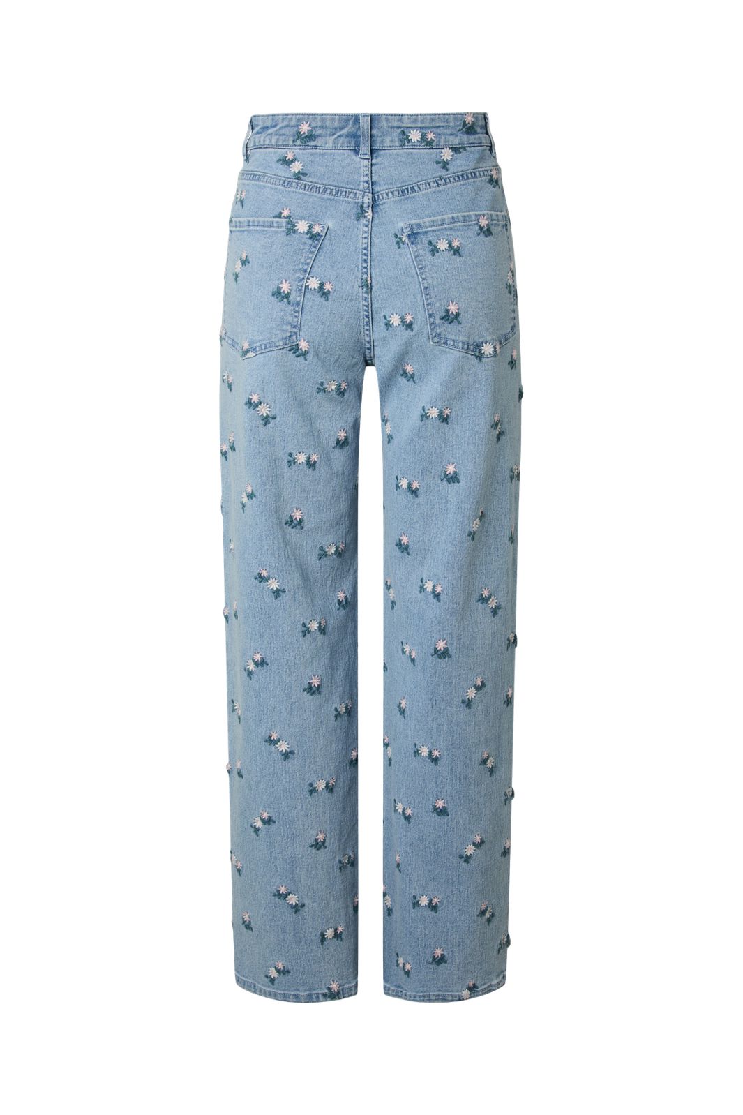 Pieces - Pcflora Straight Emb Jeans - 5068185 Light Blue Denim Pink Flower Embroidery