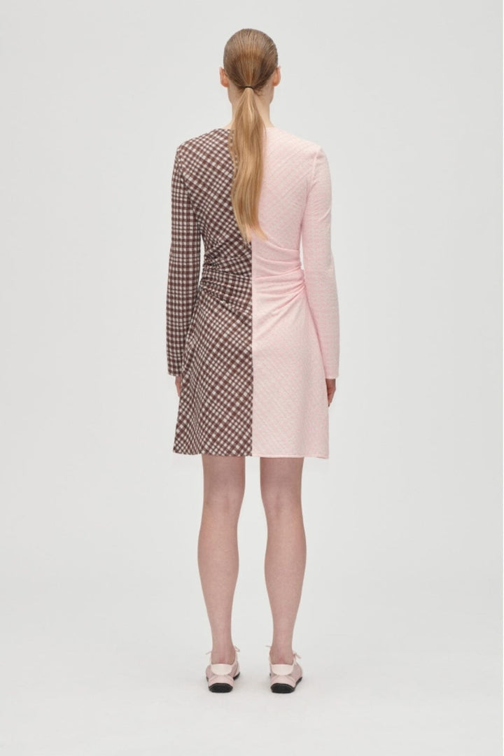 Stine Goya - 2118 Checkered Jersey, Ruched Waist Short Dresssg-aw25-d157-2118 - Brown And Pink Checks