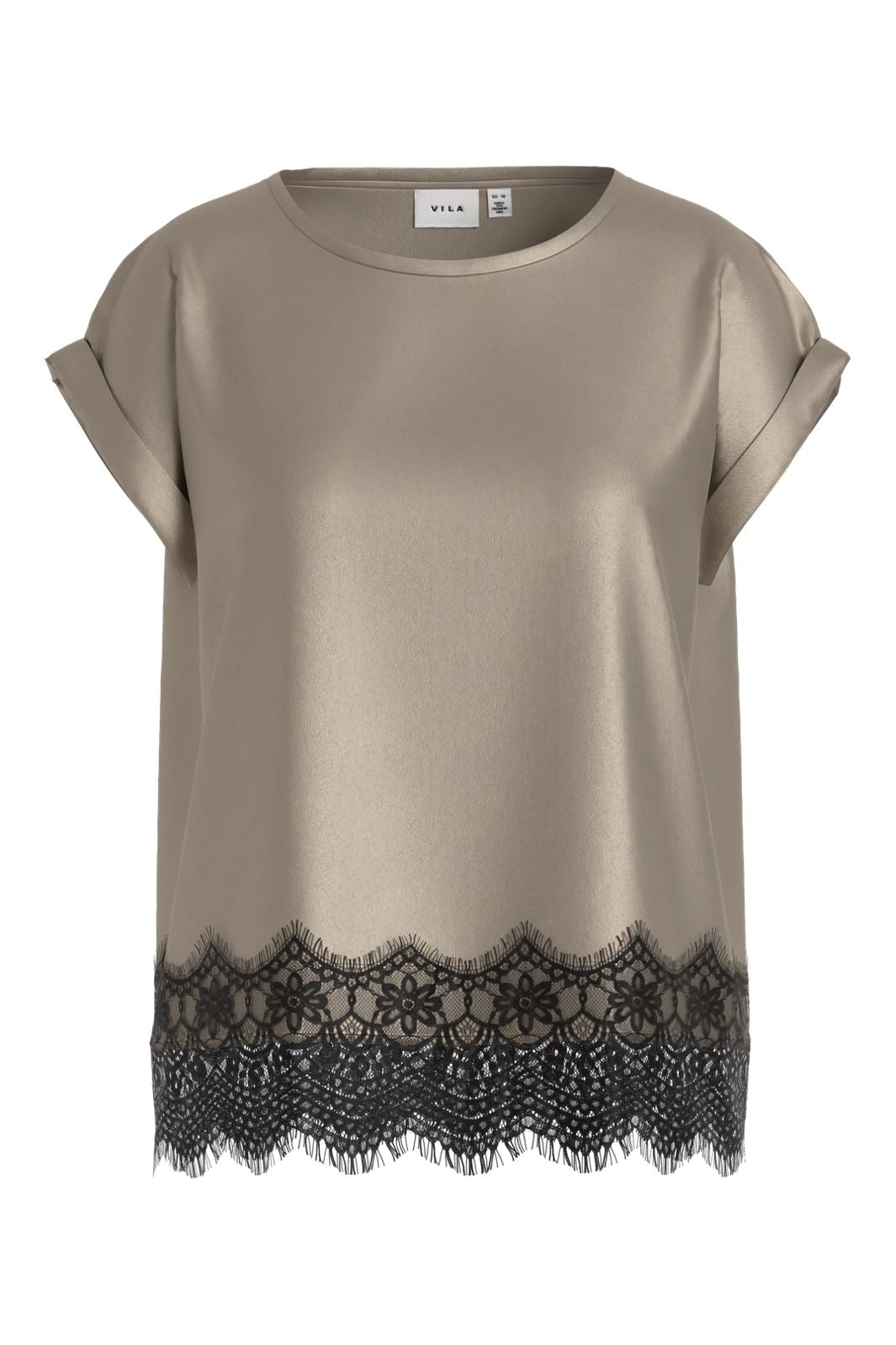 Vila - Viellette S/S Full Satin Lace Top - 5085038 Cement Black Lace