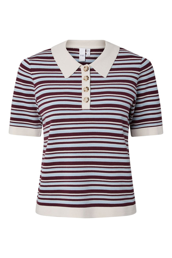 YAS - Yasbelle Ss Polo Knit Pullover - 5115833 Birch Burgundy/Blue Stripe